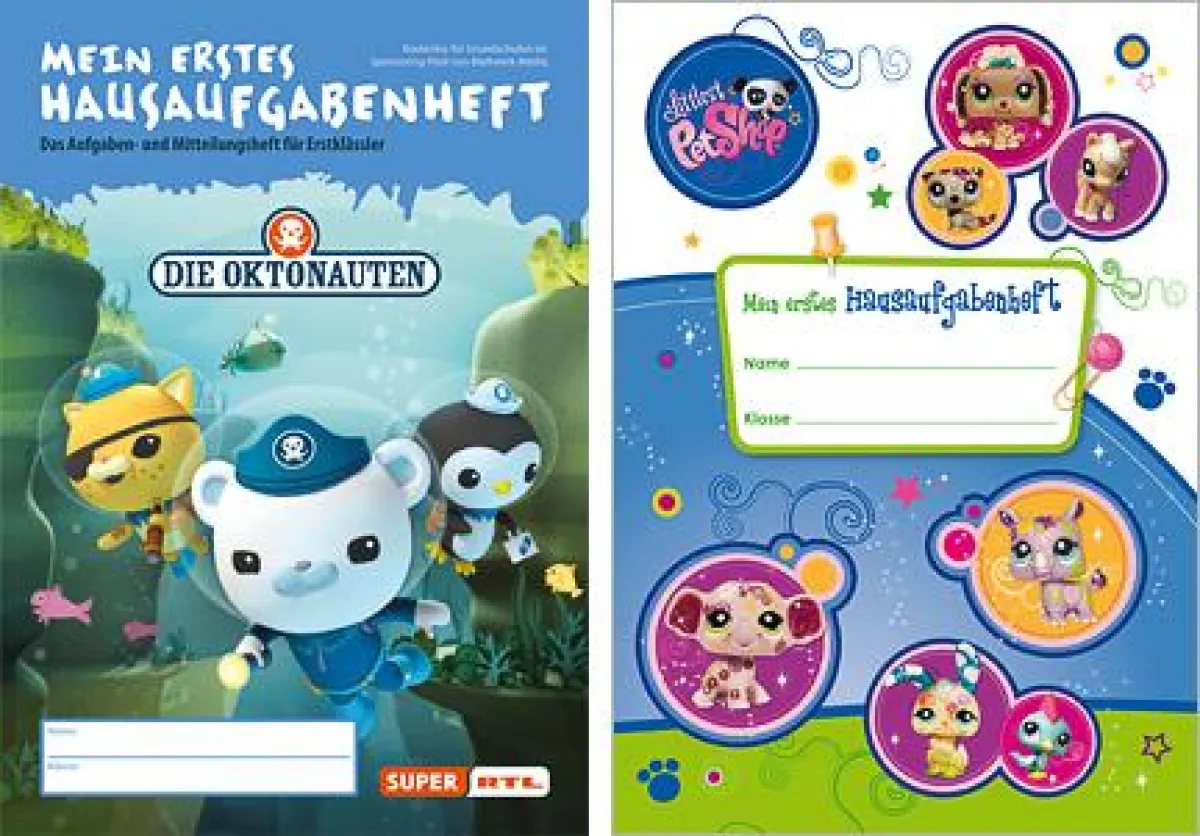 rechts: Das Blattwerk Media Hausaufgabenheft mit den Oktonauten, links: Das Hasbro Hausaufgabenehft mit 