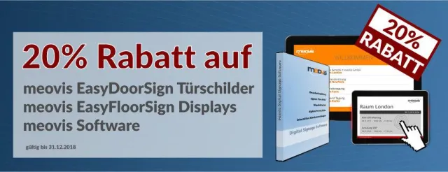 Bild: 20% Rabatt auf meovis EasyDoorSign Türschilder, EasyFloorSign Exchange Besucherbegrüßung und meovis Software