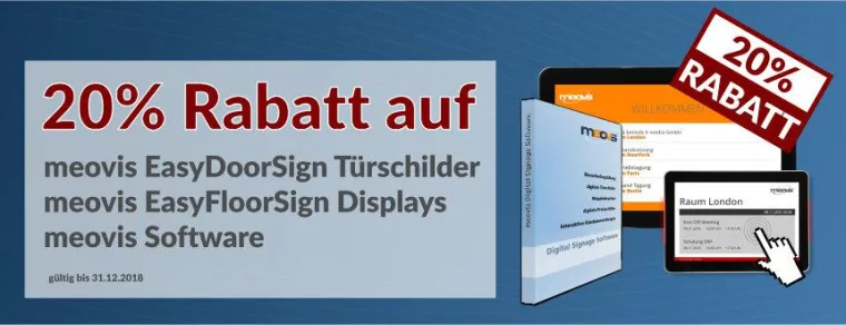 Bild: 20% Rabatt auf meovis EasyDoorSign Türschilder, EasyFloorSign Exchange Besucherbegrüßung und meovis Software