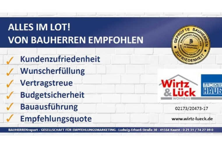 Bild: WIRTZ & LÜCK WOHNBAU GMBH wird 2022 erneut von ihren Bauherren ausgezeichnet