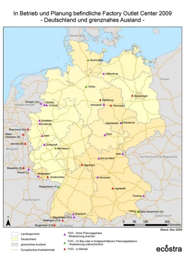 In Betrieb und Planung befindliche Factory Outlet Center 2009 in Deutschland und im grenznahen Ausland