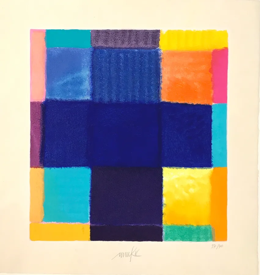 Heinz Mack - o.t. (Blaues Kreuz) (© © Heinz Mack ∙ o.T. (Blaues Kreuz) ∙ 2018 ∙ Serigrafie ∙ 52,3 x 50 cm ∙ Foto: Jack Kulcke)