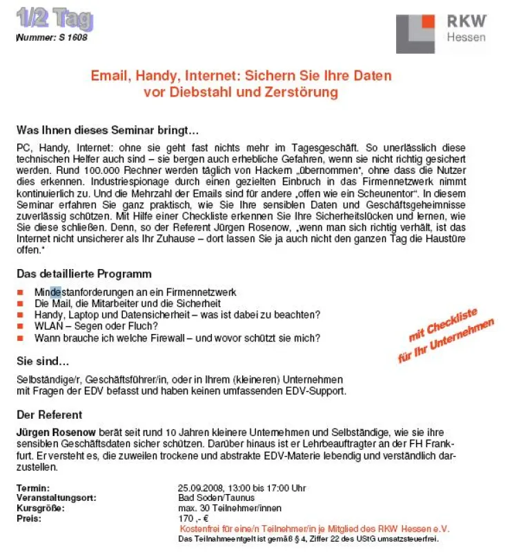 Seminar Datenschutz und Datensicherheit: Email, Handy, Internet - Sichern Sie Ihre Daten vor Diebstahl und Zerstörung