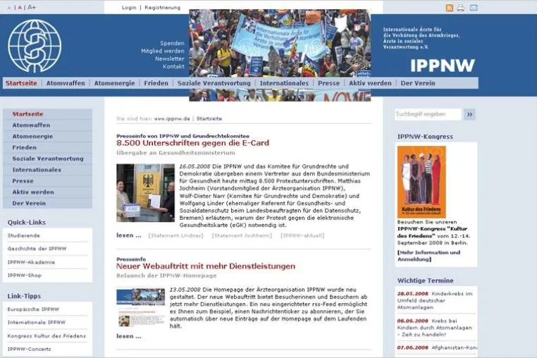 Neuer Webauftritt für die Ärzteorganisation IPPNW mit mehr Online-Dienstleistungen Bild: Neuer Webauftritt für die Ärzteorganisation IPPNW mit mehr Online-Dienstleistungen
