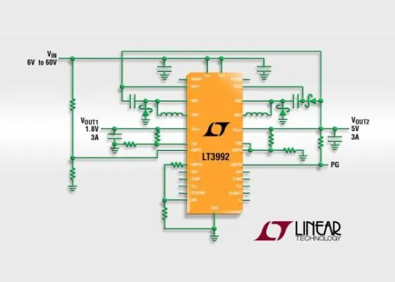 Linear Technology | LT3992: Zweikanaliger 60V/3A(IOUT)/2,25MHz-DC/DC-Abwärtsregler Bild: Linear Technology | LT3992: Zweikanaliger 60V/3A(IOUT)/2,25MHz-DC/DC-Abwärtsregler