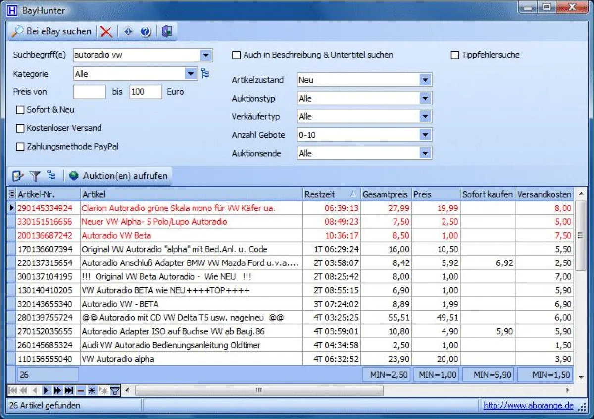 Blitzschnelle eBay-Suche mit der Freeware BayHunter