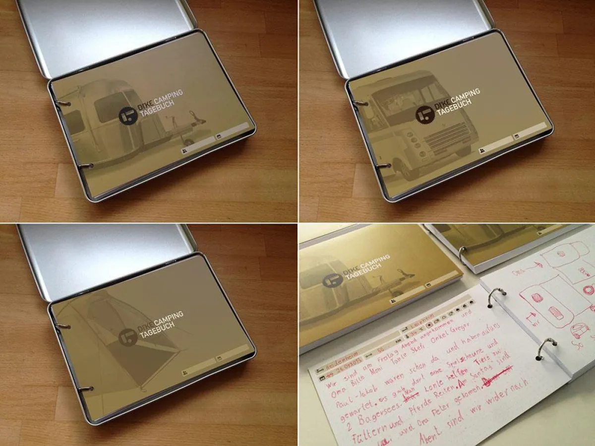 Das DI'KE Camping Tagebuch gibt es mit drei Motiven: Wohnwagen, Reisemobil und Zelt