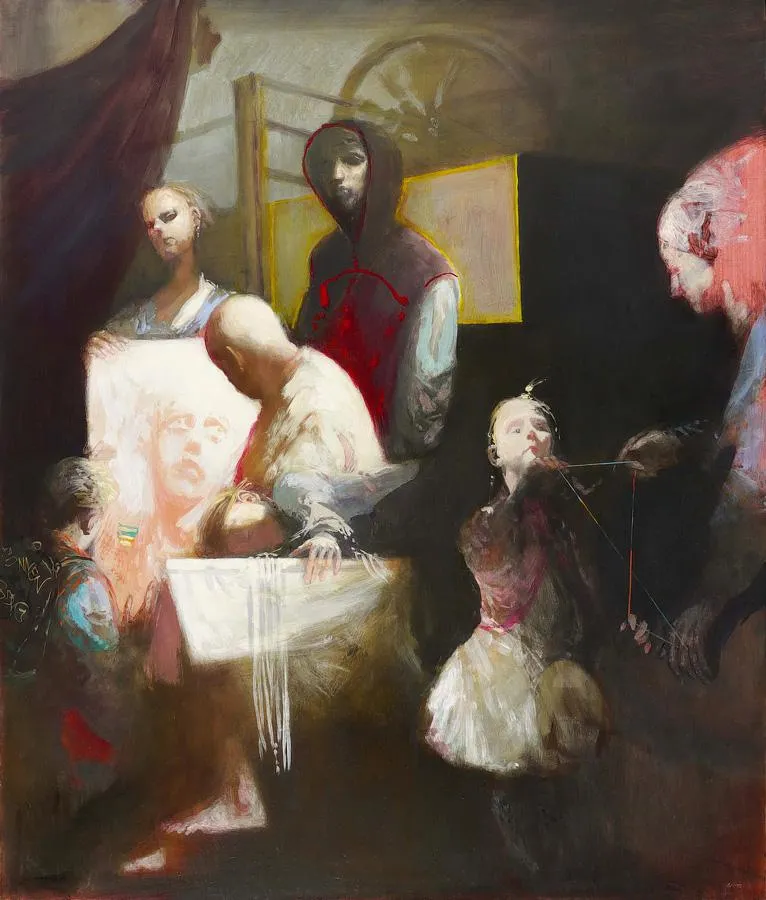 Andreas Wachter: Die Mangel, 2015, Mischtechnik auf Hartfaser, 130 x 110 cm