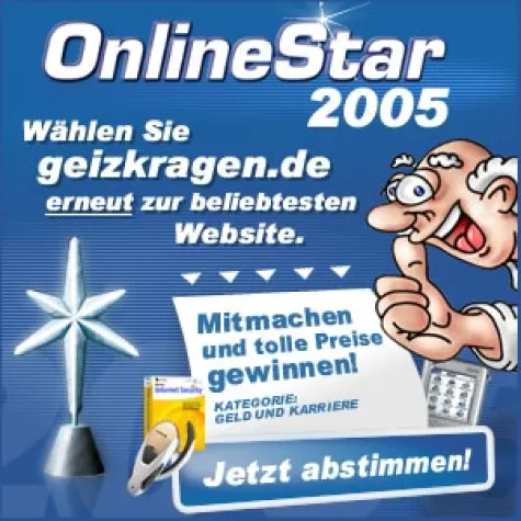 Geizkragen.de auch 2005 im Finale des OnlineStar-Award Bild: Geizkragen.de auch 2005 im Finale des OnlineStar-Award