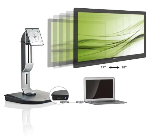 Bild: Voll verbunden: Philips Monitorstandfuß und universelle Dockingstation in einem