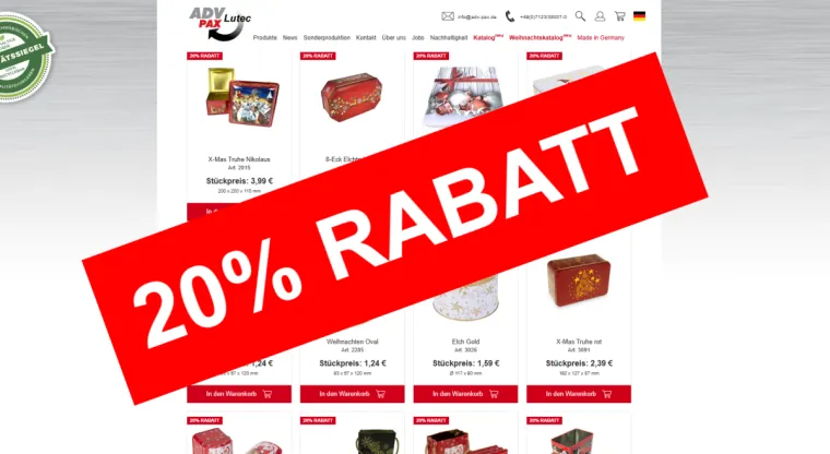 20% Rabatt auf alle Weihnachtsartikel bei ADV PAX! Bild: 20% Rabatt auf alle Weihnachtsartikel bei ADV PAX!