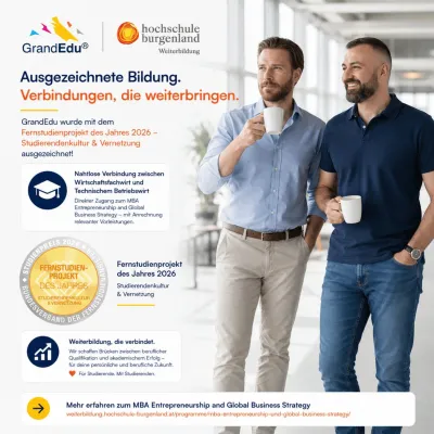 GrandEdu erhält Auszeichnung „Fernstudienprojekt des Jahres 2026“ für Studierendenkultur und Vernetzung Bild: GrandEdu erhält Auszeichnung „Fernstudienprojekt des Jahres 2026“ für Studierendenkultur und Vernetzung