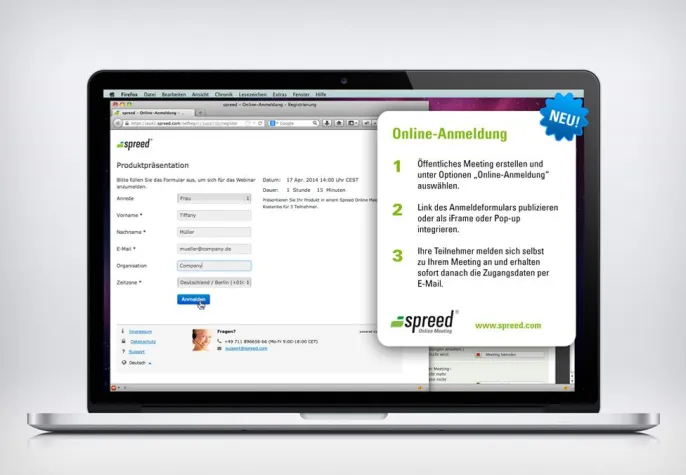 Spreed Online Meeting integriert Anmeldeformular für Webcast Teilnehmer Bild: Spreed Online Meeting integriert Anmeldeformular für Webcast Teilnehmer