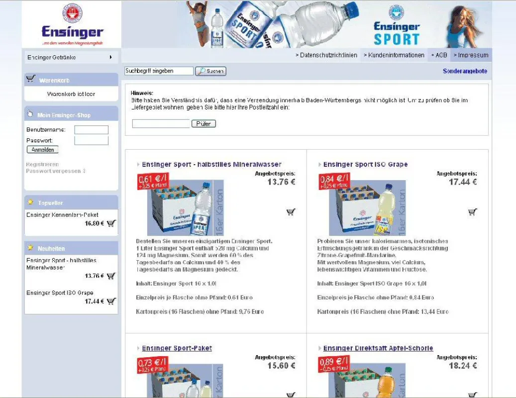 Screenshot des neuen Web-Shops der Ensinger Mineral-Heilquellen GmbH ( www.ensinger.de )