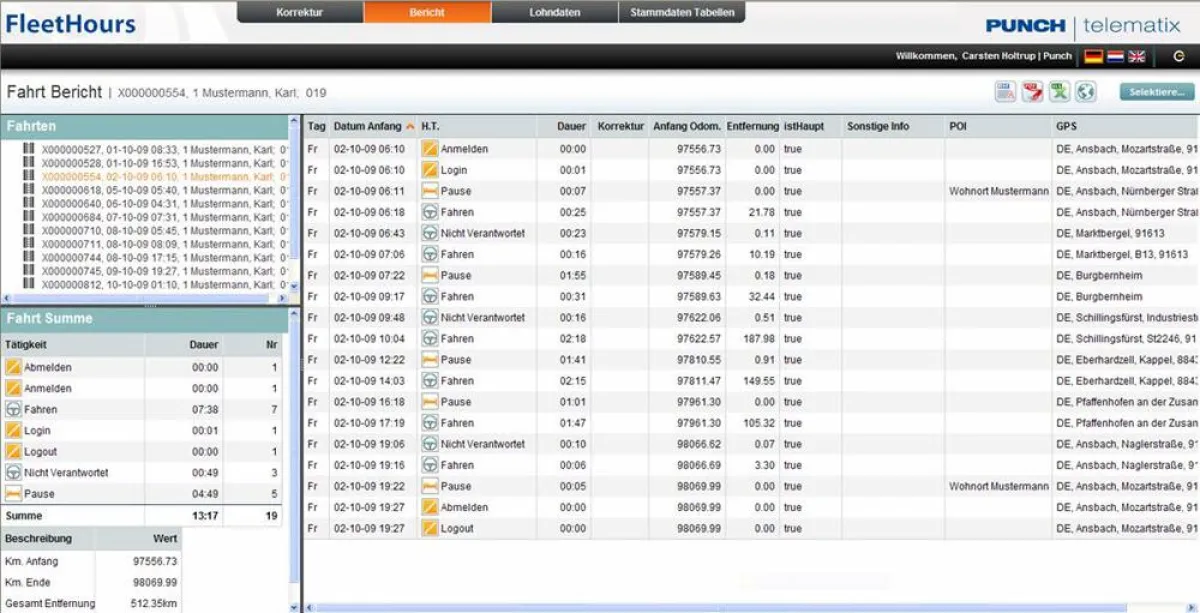Screenshot FleetHours - automatische Spesenabrechnung - Fahrt Bericht