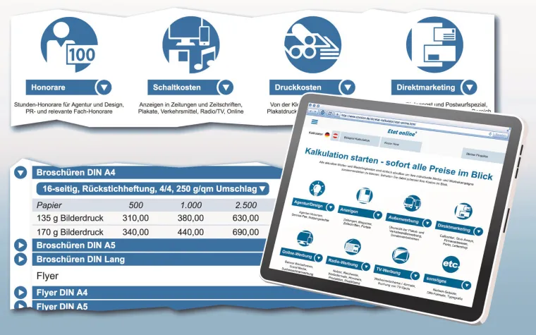 Was kostet Werbung? Die crossmediale Antwort gibt der neue Etat Online®. Bild: Was kostet Werbung? Die crossmediale Antwort gibt der neue Etat Online®.