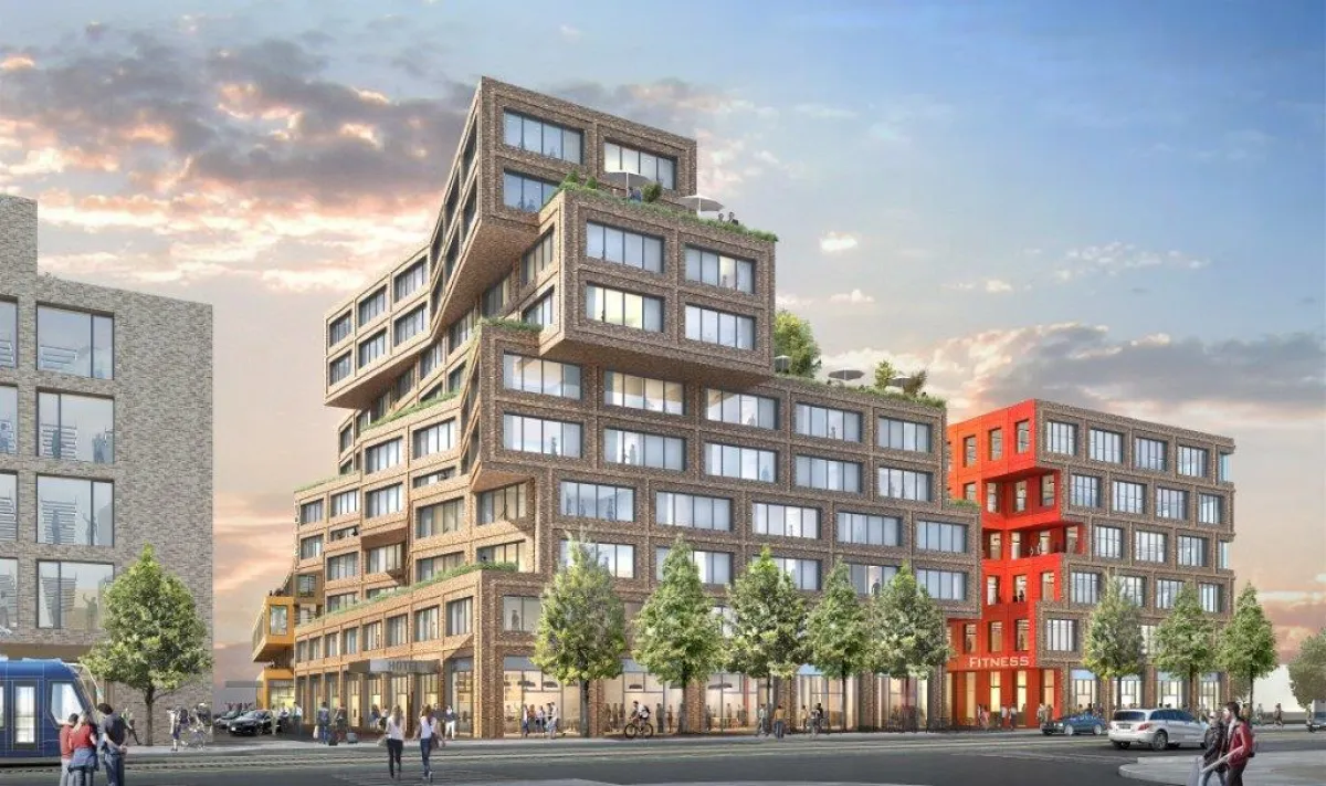 Blick auf das Hotel und Fitness-Studio an der Berg-am-Laim Straße gem. Planung HWKN.