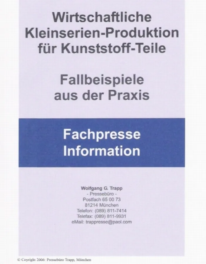 Die neue Fachbroschüre zeigt die Wirtschaftliche Kleinserien-Produktion im Kunststoffbereich an Fallbeispielen aus der Praxis. Sie ist per eMail im PDF-Format kostenlos erhältlich