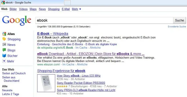 Bild: EBOZON eBooks mit dem Suchbegriff "eBook" auf Seite 1 Platz 1 bei Google