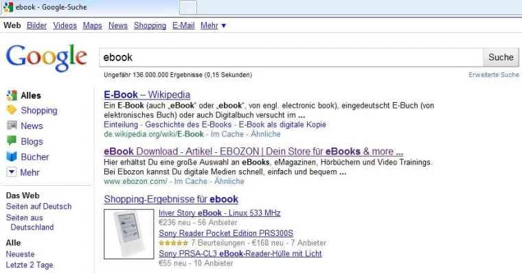 EBOZON eBooks mit dem Suchbegriff "eBook" auf Seite 1 Platz 1 bei Google Bild: EBOZON eBooks mit dem Suchbegriff "eBook" auf Seite 1 Platz 1 bei Google