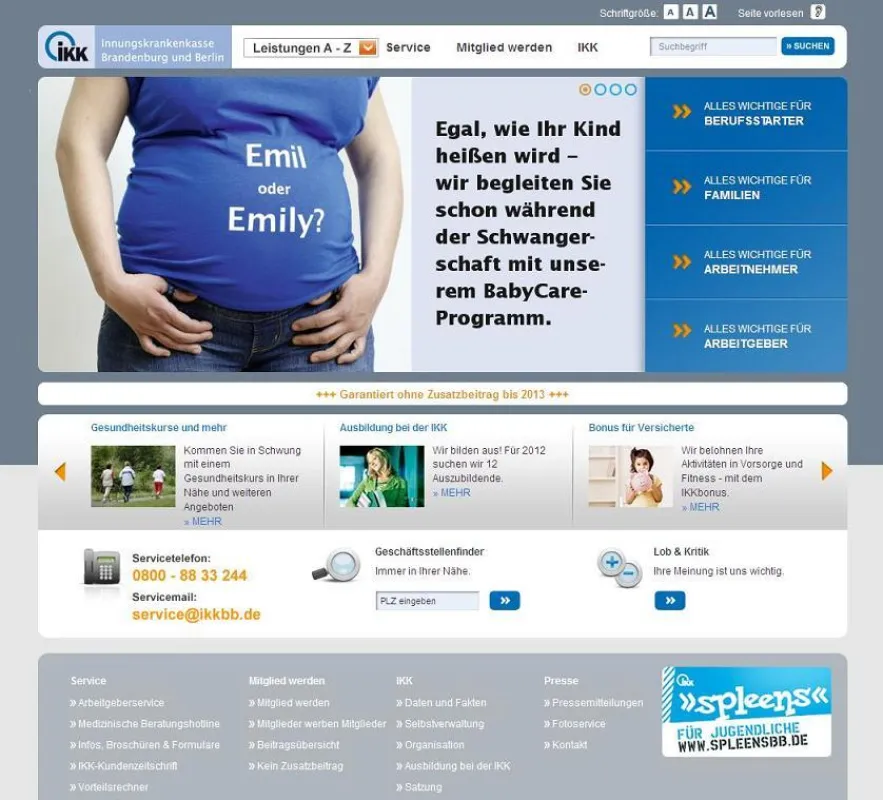 Die Startseite des neuen Onlineportals der IKK Brandenburg und Berlin, entwickelt und umgesetzt von move:elevator.