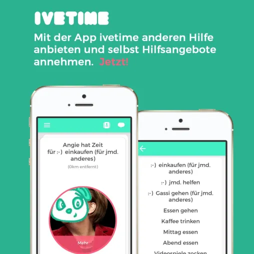 Mit der App ivetime Hilfe suchen und Hilfe anbieten Bild: Mit der App ivetime Hilfe suchen und Hilfe anbieten