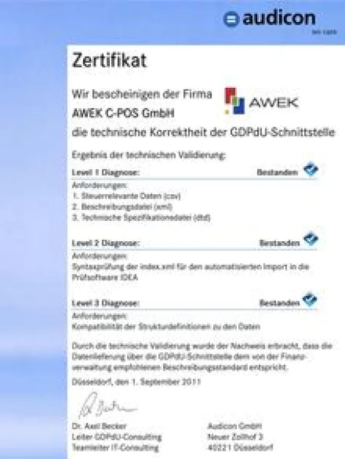 Audicon-Zertifikat der GDPdU-Schnittstelle von AWEK