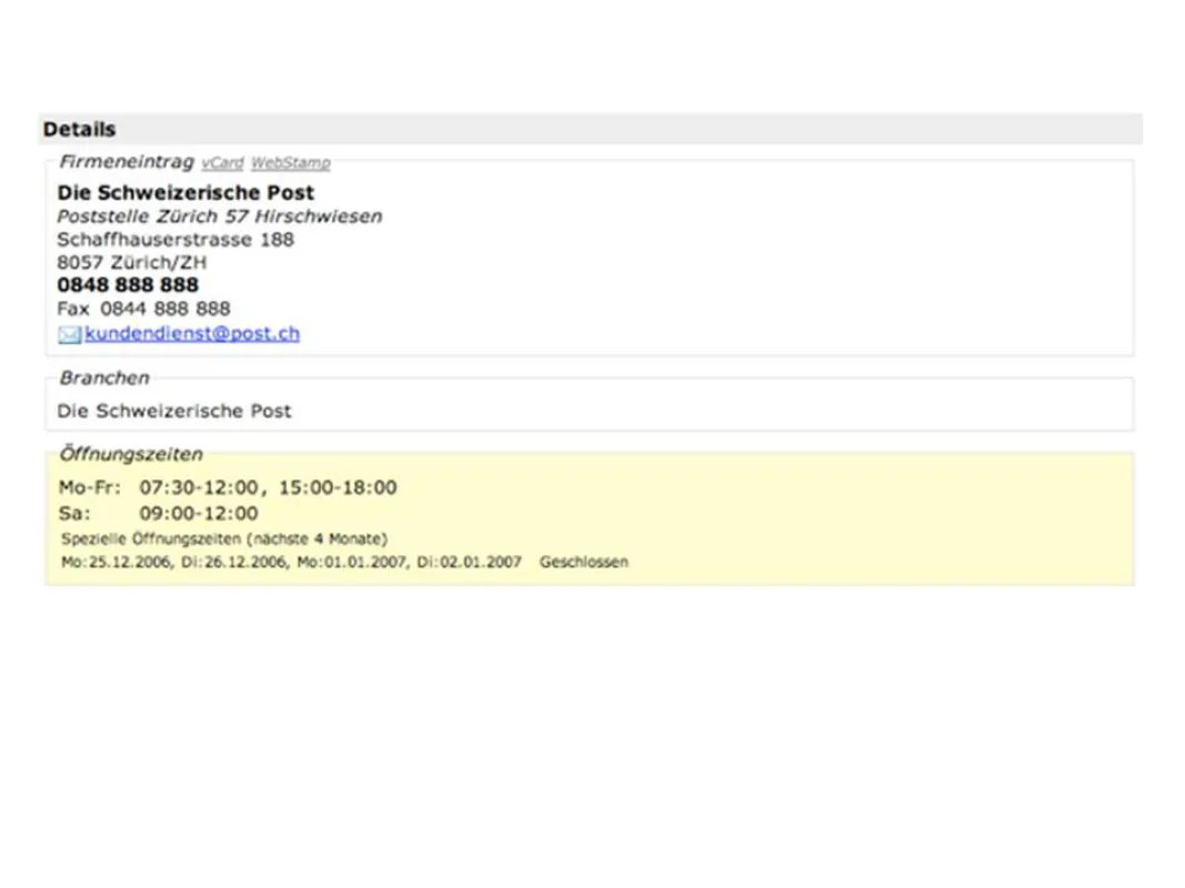 Screenshot Poststelle Hirschwiesen Zürich, Quelle: tel.search.ch