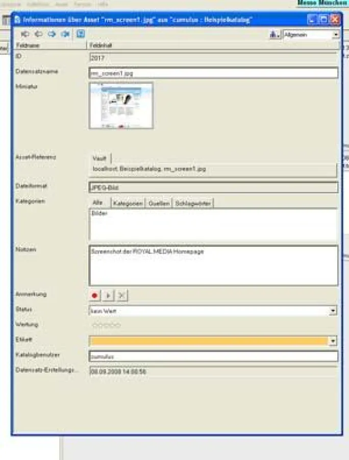 Ansicht Asset-Information in Cumulus