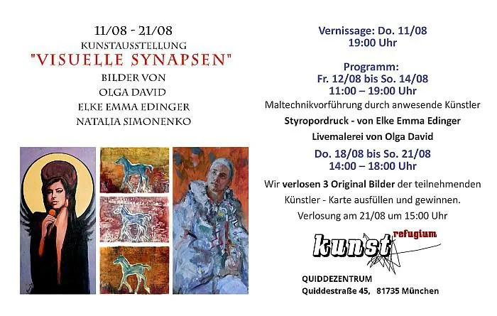 Bild: Kunstausstellung VISUELLE SYNAPSEN Olga David, Elke Erdingern, Natalia Simonenko. 11 - 21. 08. 2016 im München