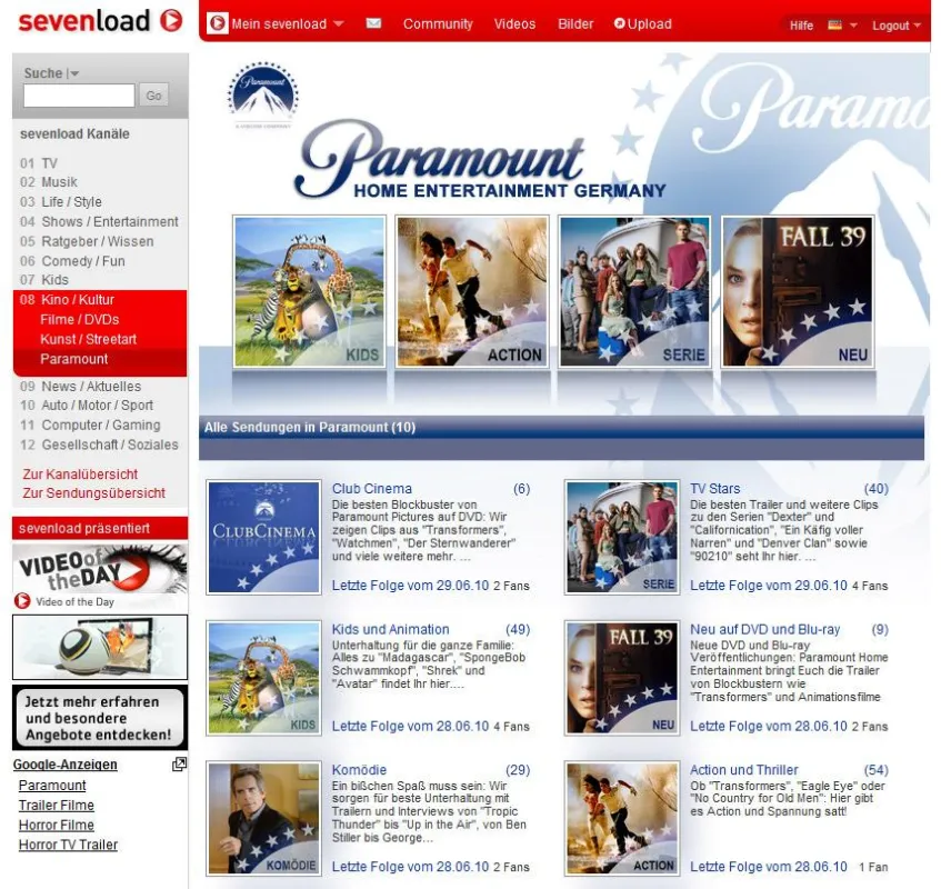 Paramount Branded Channel bei sevenload als JPG