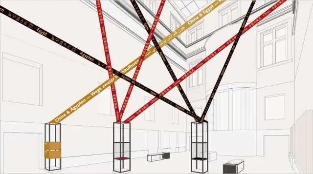 Farbige Bänder als „roter Faden“: STUDIO HOLLSTEIN gestaltet Ausstellung im Neuen Museum, Berlin. Bild: Farbige Bänder als „roter Faden“: STUDIO HOLLSTEIN gestaltet Ausstellung im Neuen Museum, Berlin.