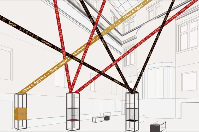 Bild: Farbige Bänder als „roter Faden“: STUDIO HOLLSTEIN gestaltet Ausstellung im Neuen Museum, Berlin.