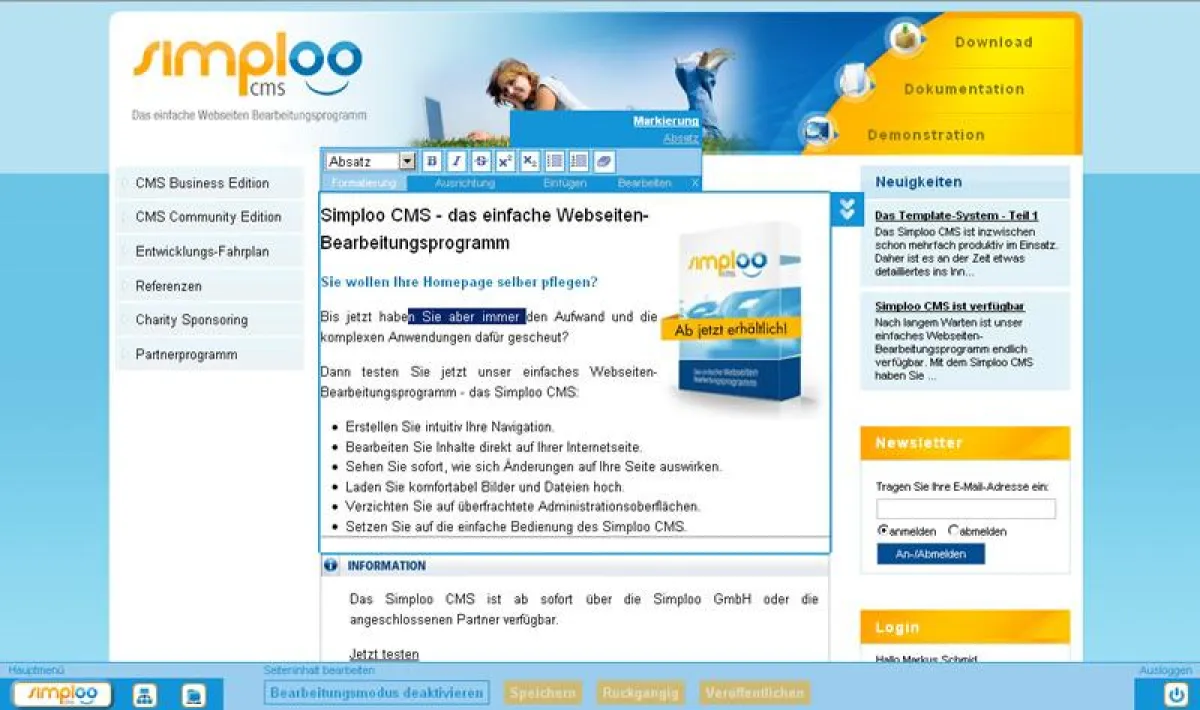 Direktes Bearbeiten der Inhalte auf der Webseite