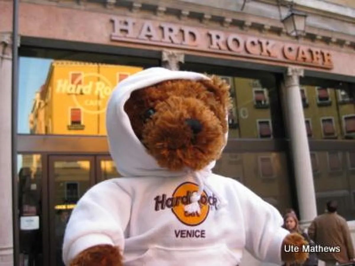 Teddy vor dem neuen Hard-Rock-Cafè in Venedig