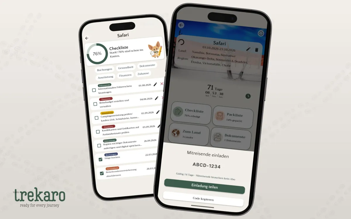 Gemeinsam planen und packen: Die neue Funktion der trekaro App ermöglicht es Reisenden, Mitreisende (© trekaro GmbH)