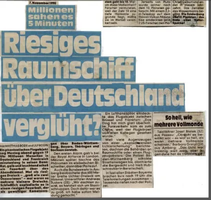 Bild: Jubiläum: Am 5.11. 1990 stürzte ein 'UFO' als 'Fliegendes Dreieck' über Deutschland als Massensichtung ab