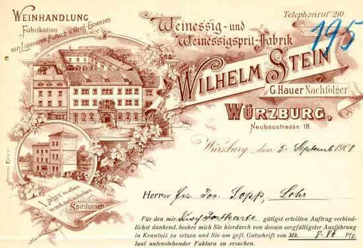 Würzburg, Wilhelm Stein. Weinessig- und Weinessigsprit-Fabrik. 1908