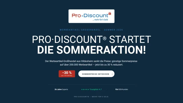 Bild: Pro·Discount® startet die Sommeraktion 2026: bis zu 30 % Rabatt auf über 200.000 Werbeartikel