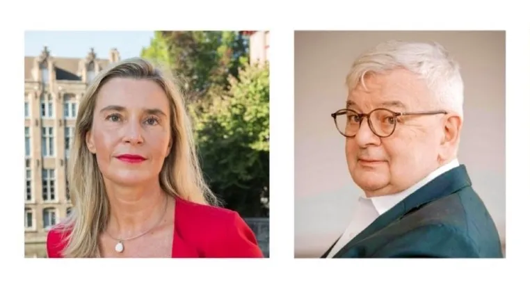 Bild: Federica Mogherini und Joschka Fischer sprechen am 7. November an der Freien Universität Berlin