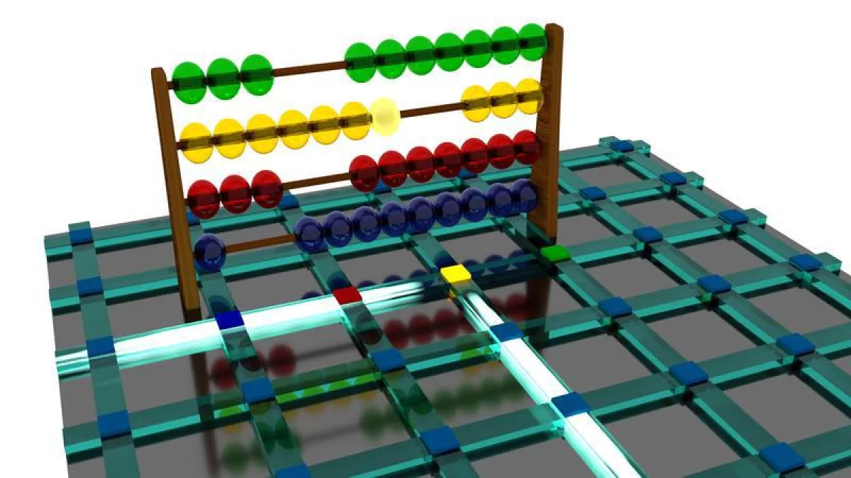 Illustration of a chip-scale optical abacus with integrated optical waveguides. The memory cells are located at the crossings. The abacus is shown for demonstration. (Illustration: WWU/Johannes Feldma