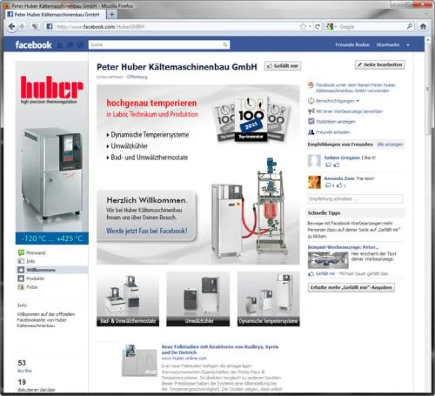 Huber Kältemaschinenbau jetzt mit eigener Fanseite auf Facebook