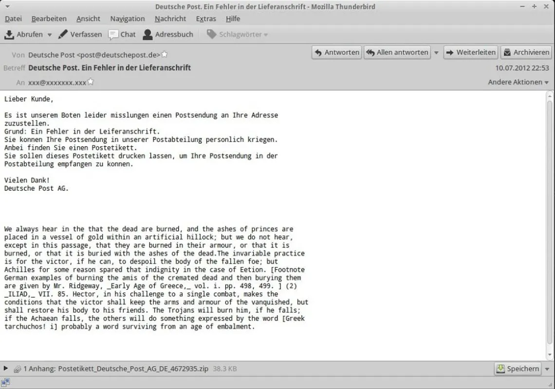 E-Mail Deutsche Post_Trojaner Kazy (Quelle: eleven Research)