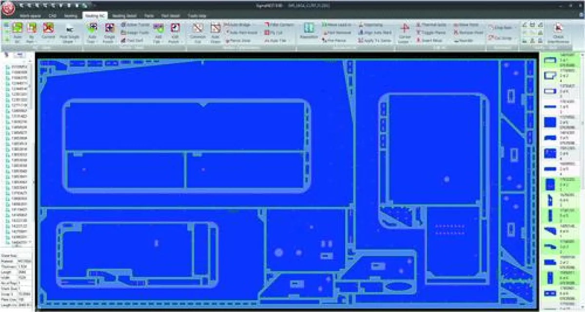 NC-Vorbereitung eines Nestings diverser Bauteile mit optimaler Materialausnutzung.