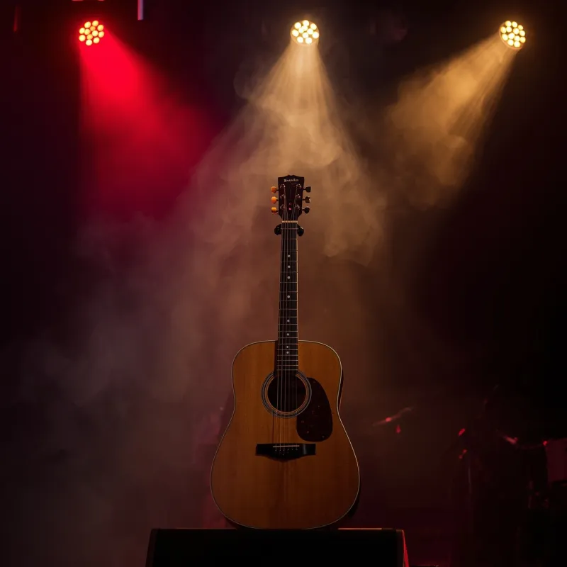 Akustikgitarre im Rampenlicht – Symbol für die Musik von Levin Brandt (© Rausch Management / KI-generiert mit Leonardo.ai)
