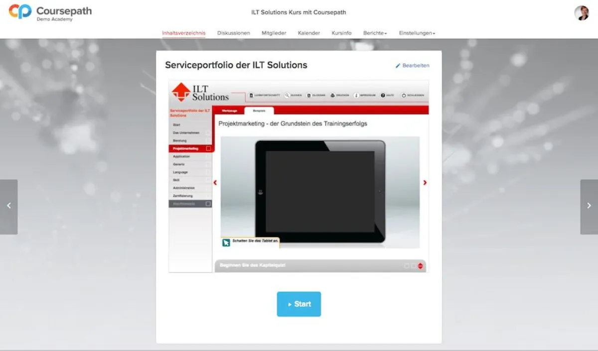 Beispielbild eines im Coursepath LMS integrierten ILT Solutions Kurs