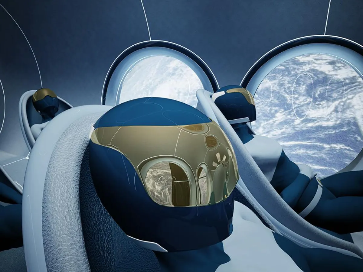 Die Passagiere tragen spezielle Anzüge und genie-ssen von 100km Höhe den Blick auf die Erde und ins Weltall. ©2009 Architecture and Vision