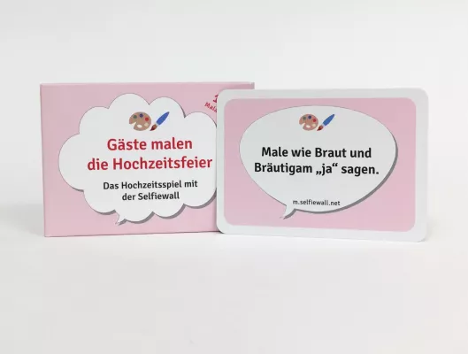 Bild: Das Hochzeitsspiel „Gäste malen die Hochzeitsfeier“ lädt die Gäste mit kreativen Malaufgaben zum Mitmachen ein