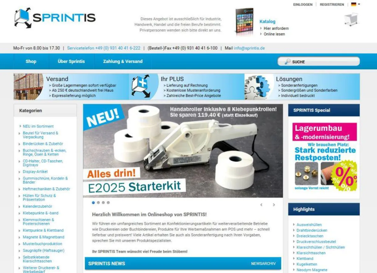 Der Online-Shop des Würzburger Unternehmens Sprintis.