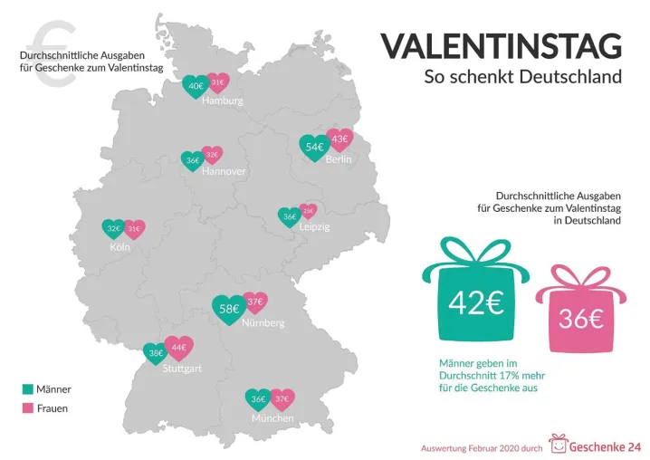 Bild: Die Geschenke24-Statistik zum Valentinstag zeigt, wo die verliebtesten Frauen und Männer wohnen